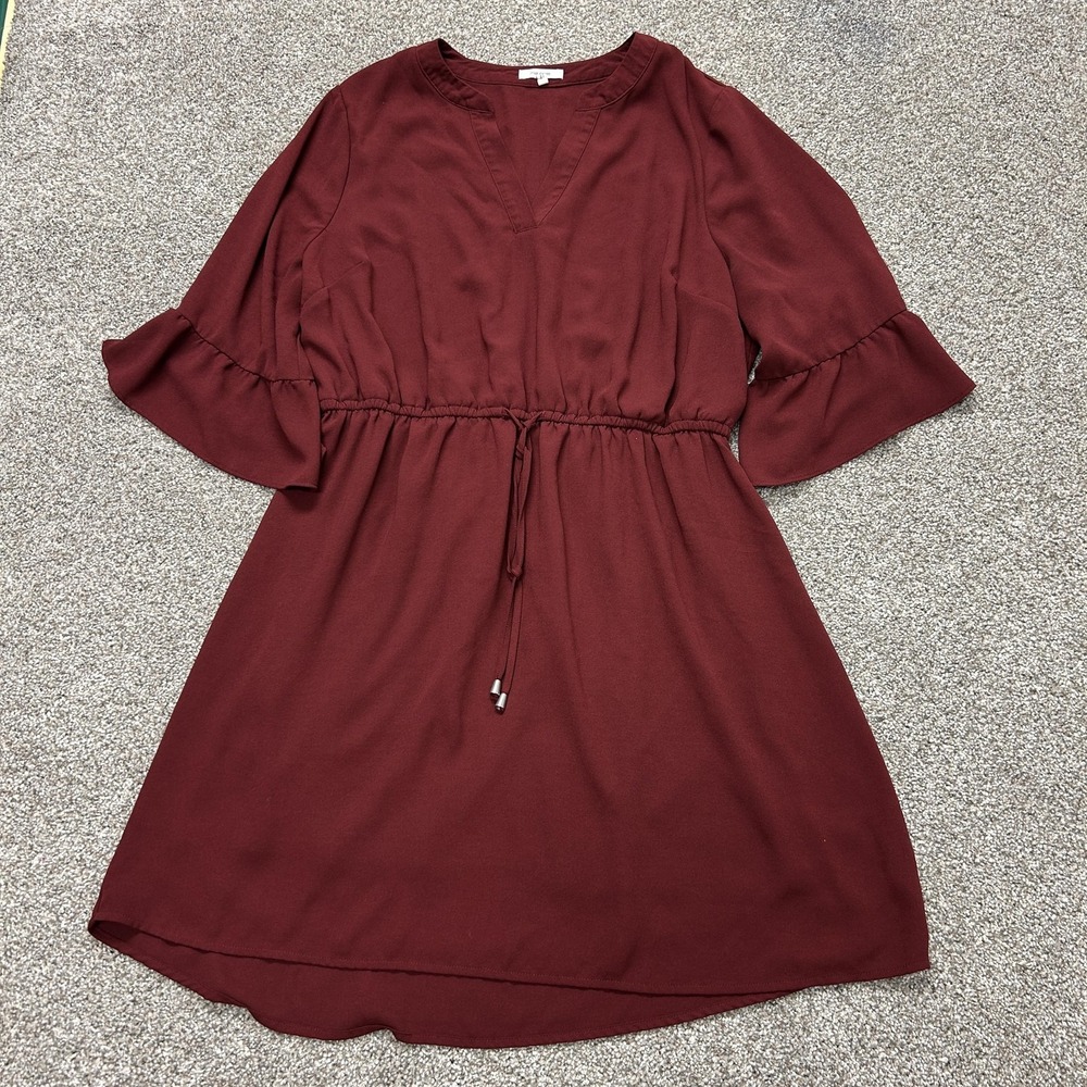 Maurices Dress Womens 0 Red 3/4 Bell Sleeve V-Neck Ruffle Fit & Flare Casual